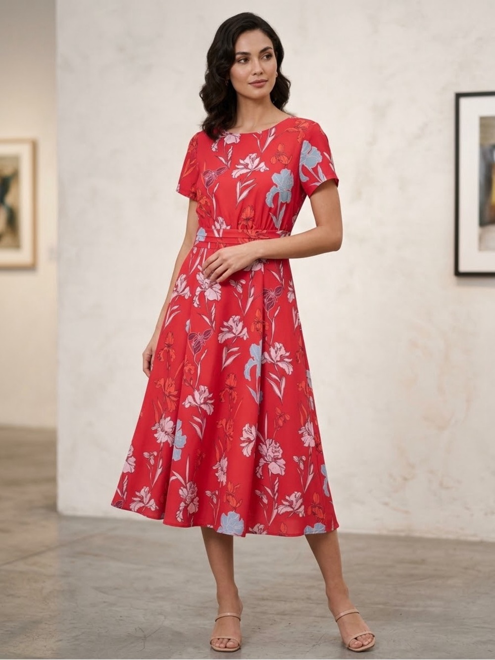 eshakti Red Floral Midi Dress with Blue and White Blooms